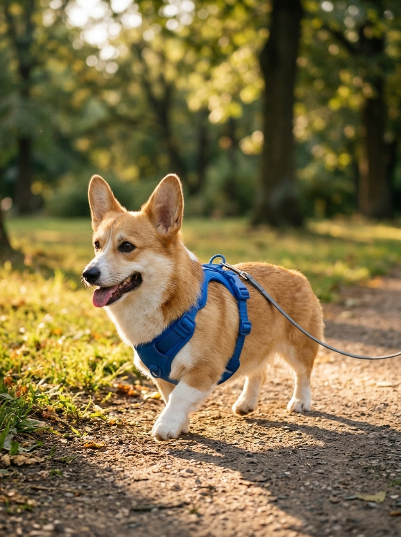 Corgi walking in the park wearing a blue Comfort Fit harness
