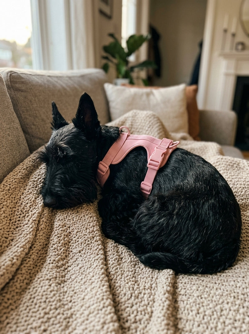 Scottish Terrier wearing the Comfort Fit harness (home after adventure)