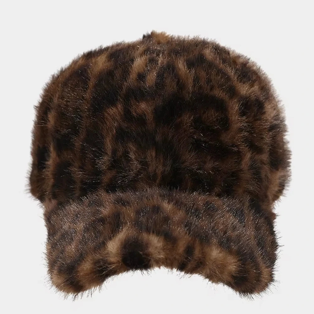 Plush leopard baseball cap, brown leopard