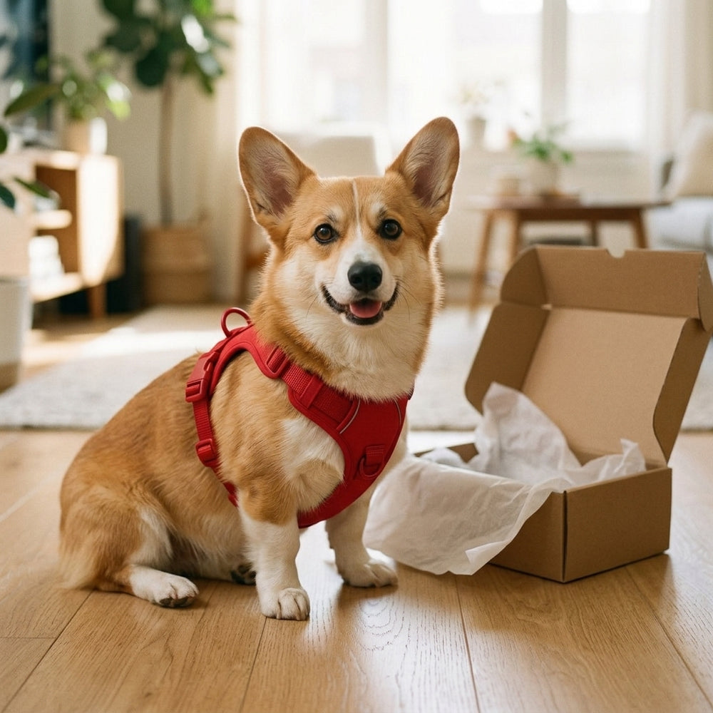 Corgi sitting next to an open delivery box wearing a red Comfort Fit harness