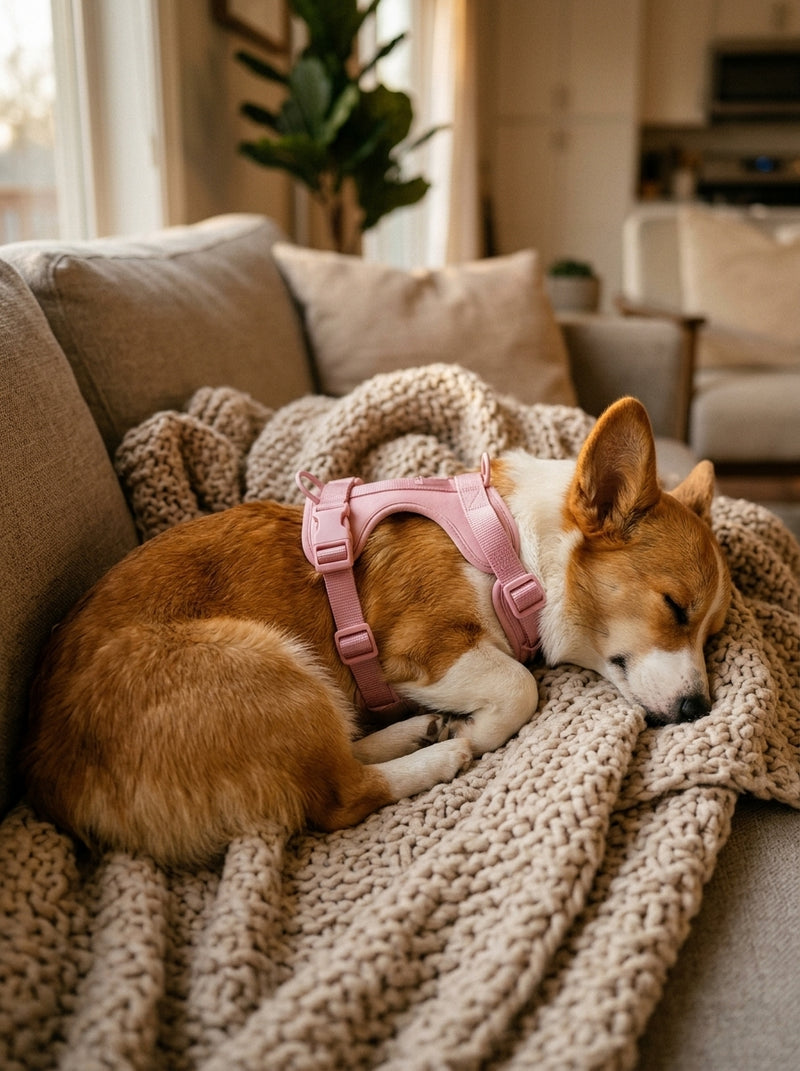 Corgi asleep on a sofa wearing a pink Comfort Fit harness