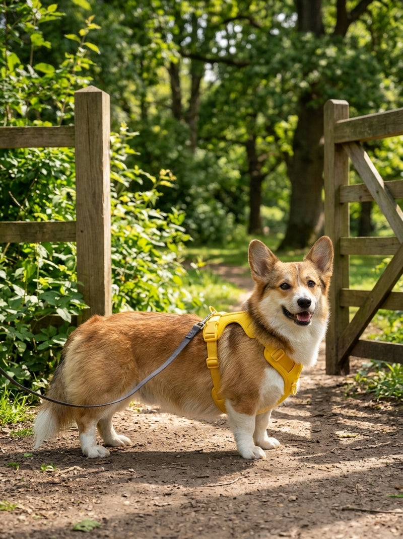 Corgi at a park gate wearing a yellow Comfort Fit harness