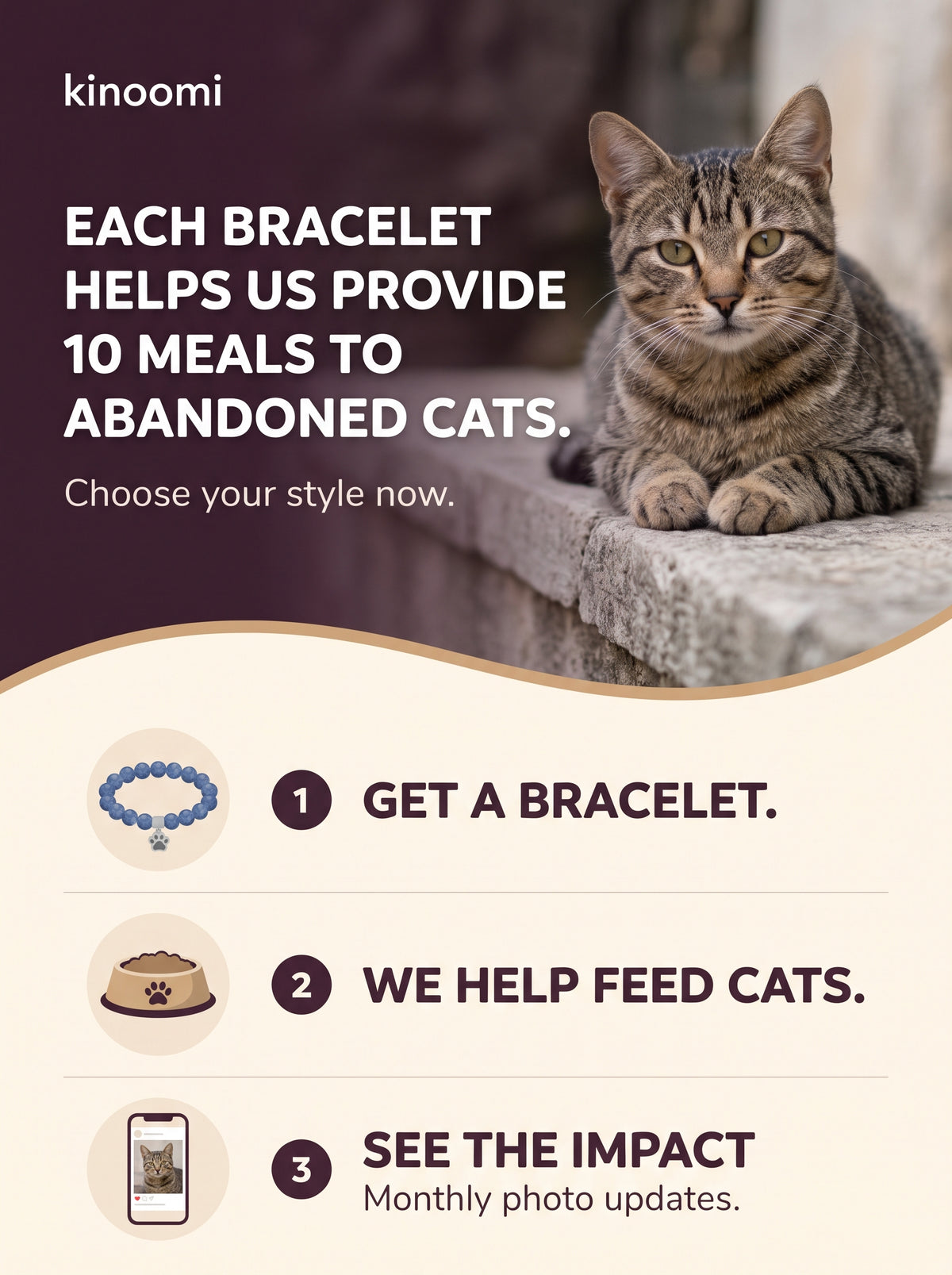 Each Kinoomi bracelet provides 10 meals to abandoned cats: 1 get a bracelet, 2 we help feed cats, 3 see the impact with monthly photo updates