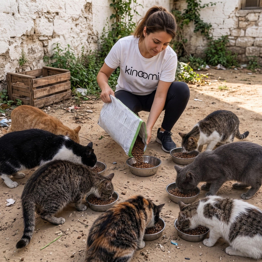 A Kinoomi volunteer feeding stray cats