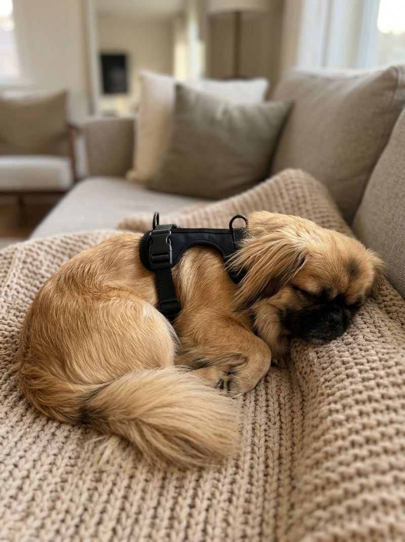 Pekingese wearing the Comfort Fit harness (home after adventure)