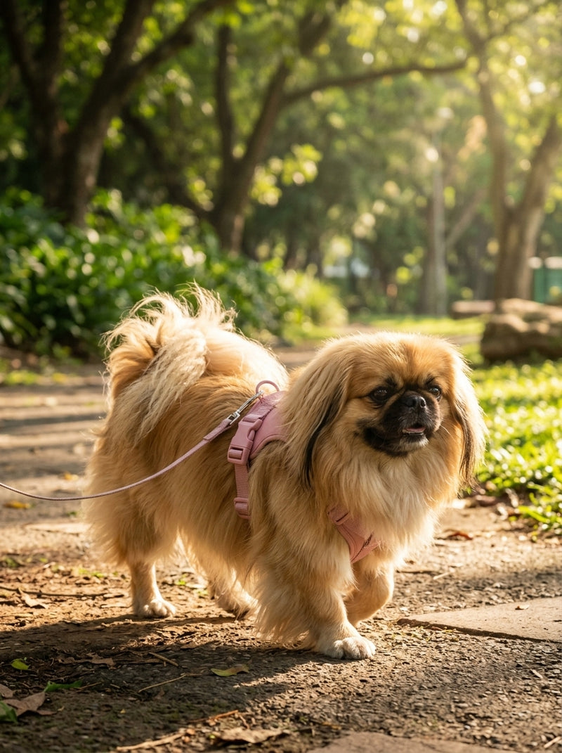 Pekingese wearing the Comfort Fit harness (out for a walk)