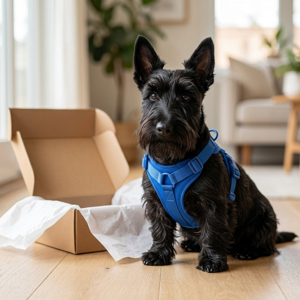 Scottish Terrier wearing the Comfort Fit harness (30 day guarantee)