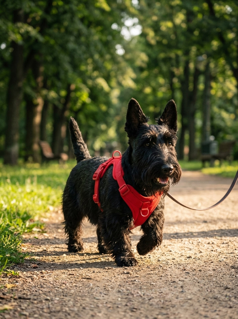Scottish Terrier wearing the Comfort Fit harness (out for a walk)