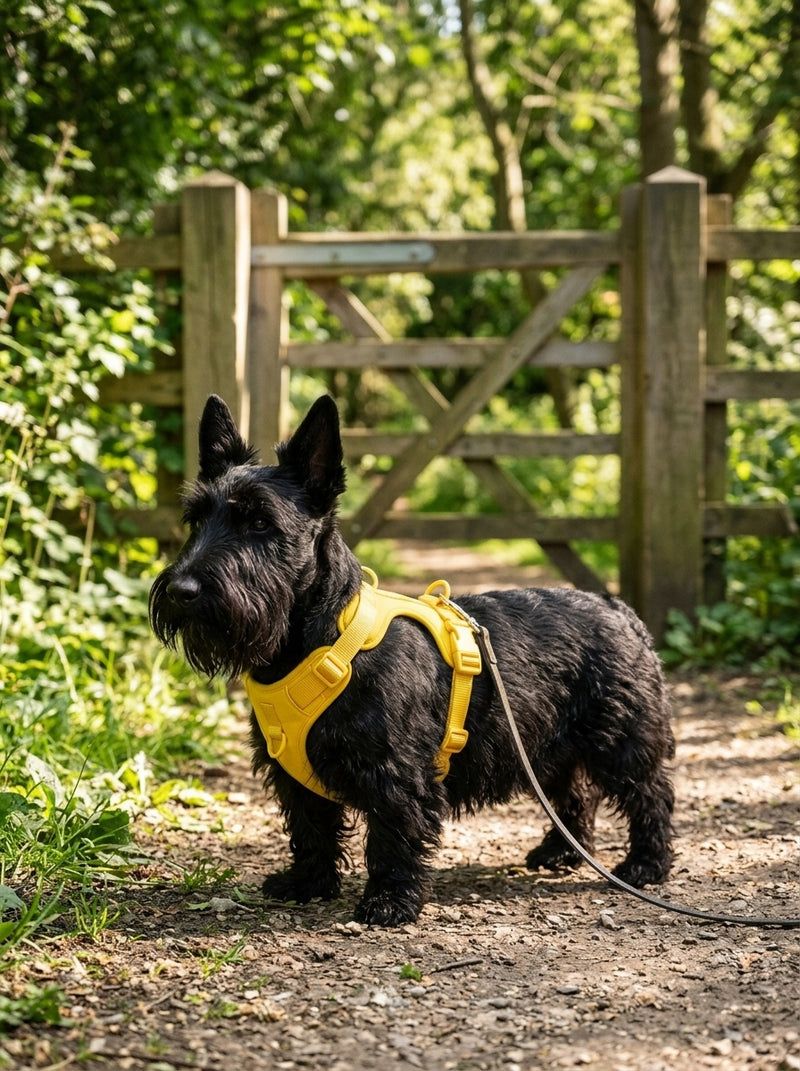 Scottish Terrier wearing the Comfort Fit harness (ready for the park)