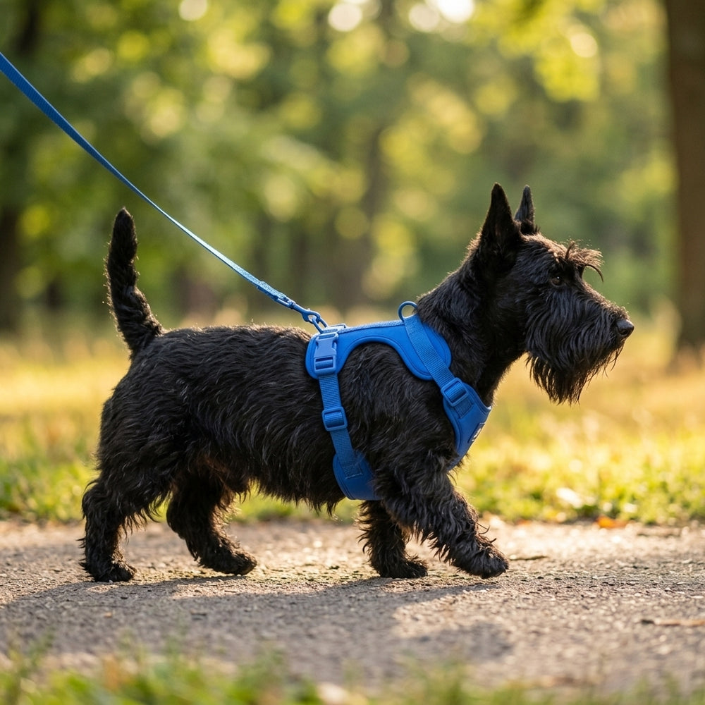 Scottish Terrier wearing the Comfort Fit harness (story)